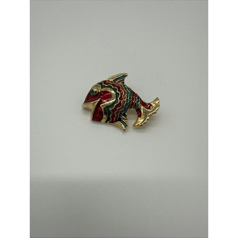 Vintage Fish Brooch Pin Goldtone Enamel and Rhinestone‎ 2